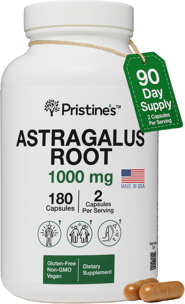 PRISTINE 'S Astragalus Root Immune Support Additive Capsules -1000mg 90 dienų tiekimo žolinis adaptogenas - sveikas senėjimas, širdies ir plaučių sveikata
