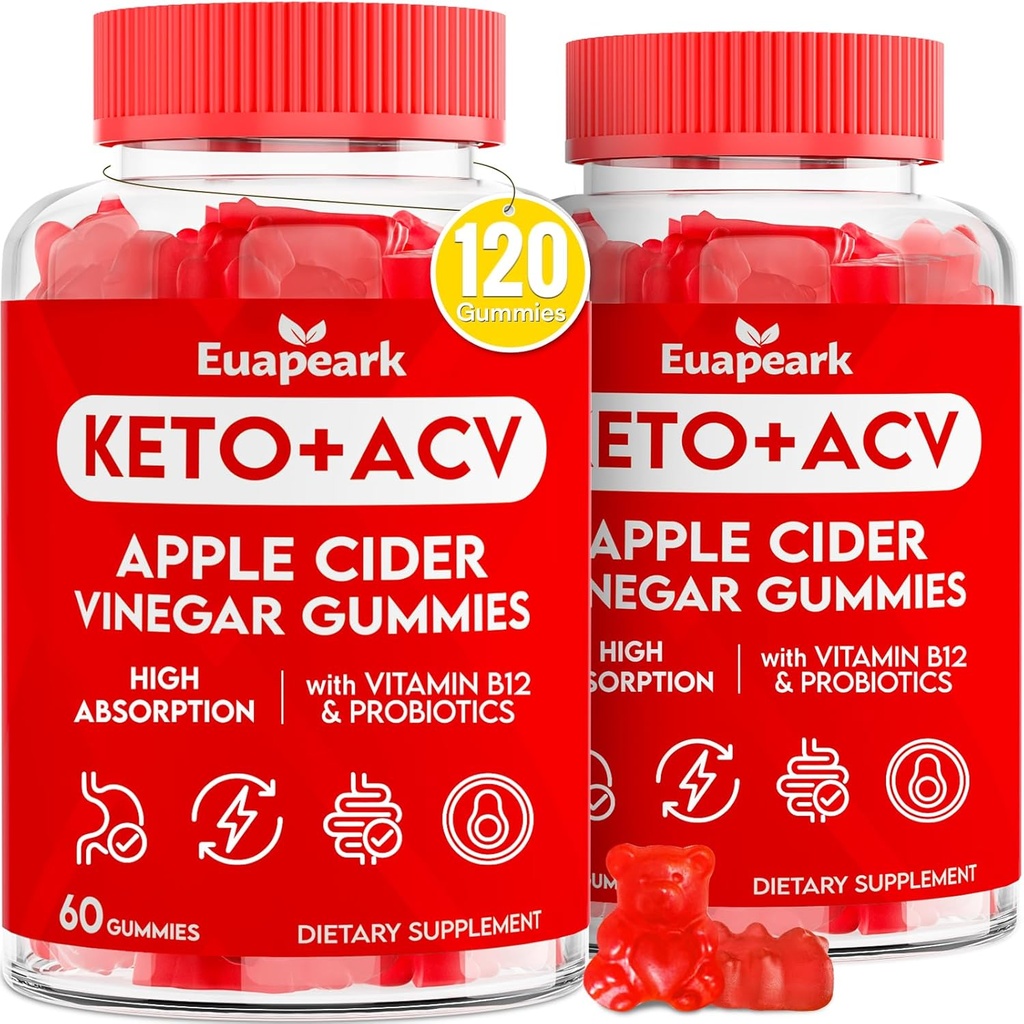 Apple Cider Act Gummies, Keto ACV Gummies with Probiotics, Vitaminas B12 & Keto Support, 2000 mg ACV with Mother for Digestion, Metabolization, Cleanse & Detox Diet, Vegan, Low Sugar, 120 Taškai