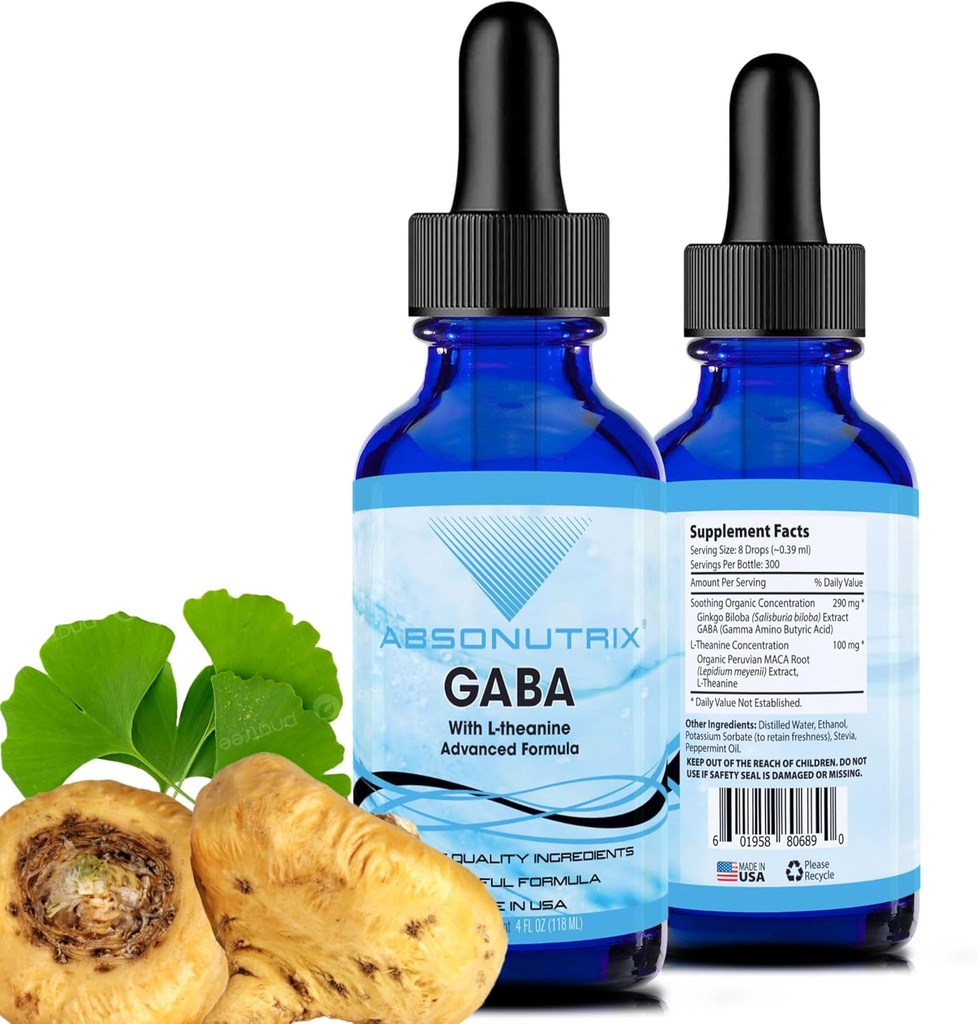 Absonutrix GABA su L- Theanine 290 mg, 4 Oz Skysti, 300 Servings, Pagaminta JAV, Greita Absorbcija, Kokybė Vaisių ingredientai, Non- GMO, GMP Sertifikuota priemonė, kreiseriniai produktai