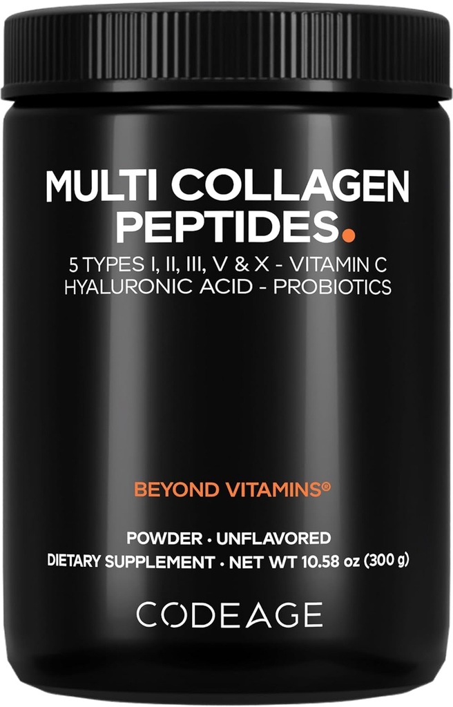 Codeage Multi Collagen Peptides Mill + Probiotics Black Edition, Vitaminas C, Hialurono rūgšties miltelių papildas, gras- Fed, hidrolizuotas, Zero Carbs, Type I, II, III, V & X, Unflavored, 10.58oz