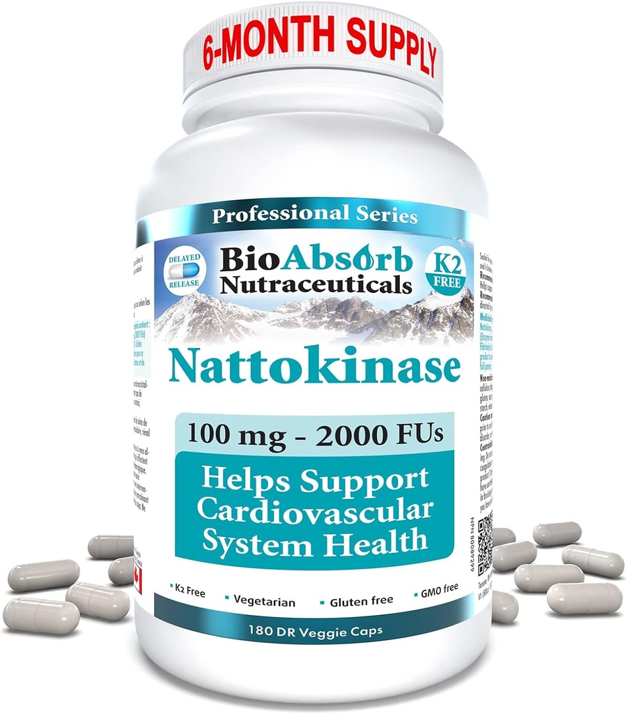 Bio Absorb Nattokinase Addition. 100 mg, 2000 FU. 6 mėnesių tiekimas.