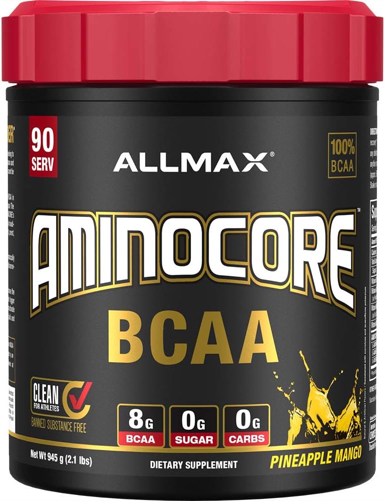 ALLMAX Nutrition AMINOCORE BCAA, Pineapple Mango - 945 g milteliai - 8.18 Gramai šakotos grandinės Amin Acids per Serving - su B vitaminais - No Filers or Non- BCAA Aminos - Cukrus nemokamai - 90 Paslaugos
