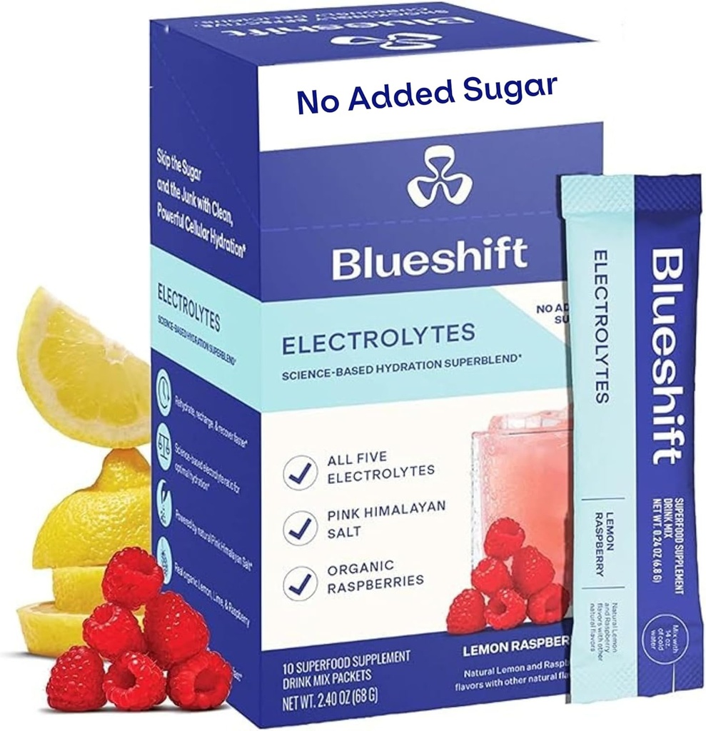Blueshft Electrolytes - Natūralūs Electrolytes milteliai Paketai, Organinis drėkinimo paketai, Electrolyte Drinkinti Stiks be cukraus, vienos paslaugos pakuotėje - Lemon aviečių skonio, miltelių lipdukai (10 pakuotė)