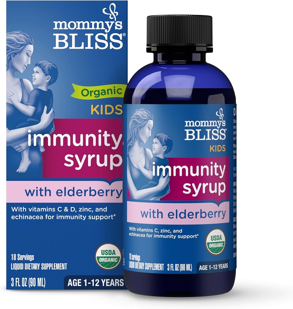 Mommy's Bliss Organic Elderberry Syrup & Immunity Boost With Vitamins, Prebiotics & Echinacea for Kids & Adults 1 yr+, 3 Fl Oz