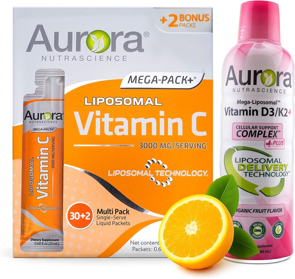 Aurora Nutrascience Mega Liposominis Vitaminas C 32 Pack + Vitaminas D3 / K2 Butelis Bandl - Papildomas imuninis palaikymas & Kognityvinės sveikatos - 32 Paslaugos Kiekvienas