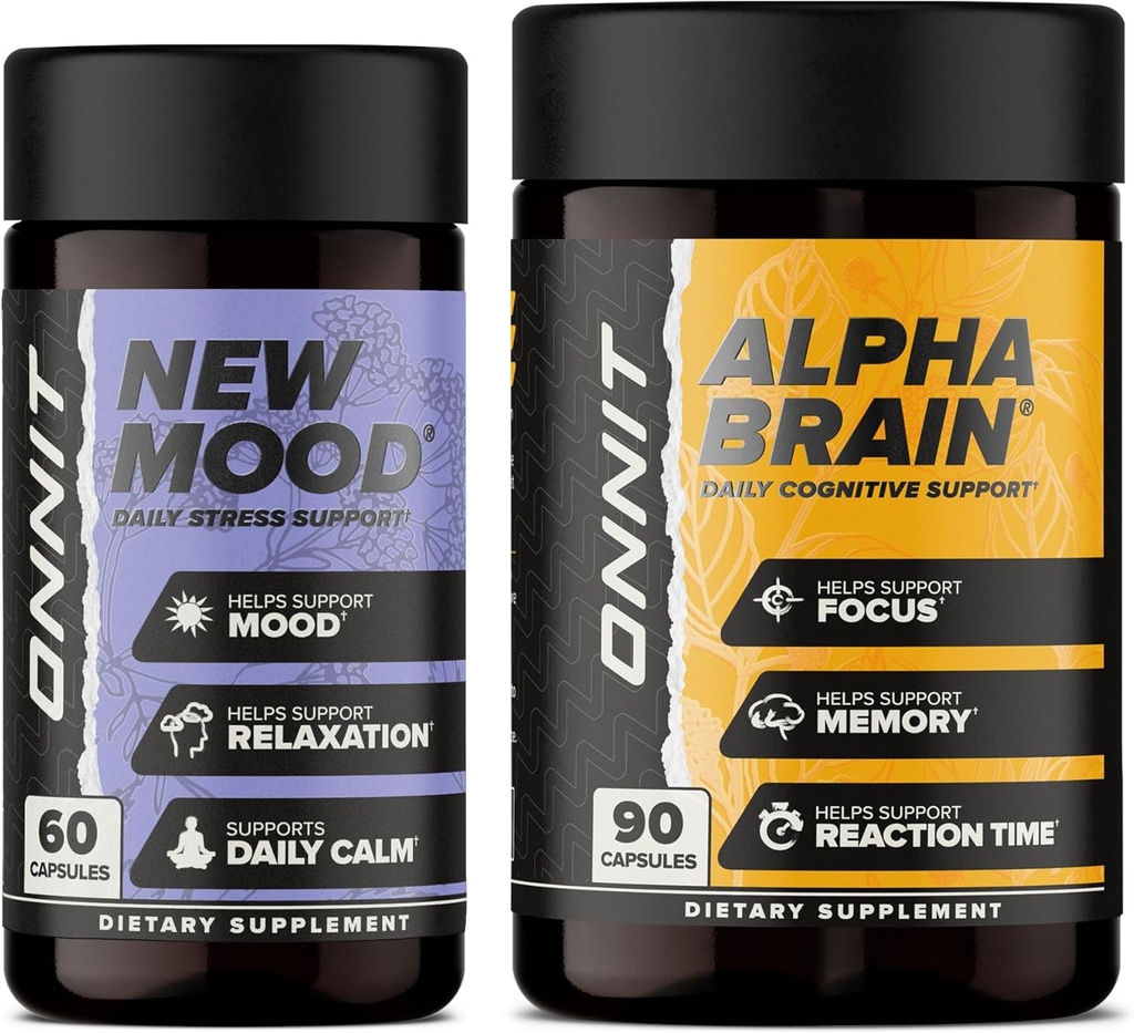 ONNIT Premium Alpha smegenų smūgis - Nootropinis smegenų papildas (90 Count) fokusui, koncentracijai ir atminčiai + naujas nuotaikų priedas stresui, miegui ir nuotaikai (60 Count)