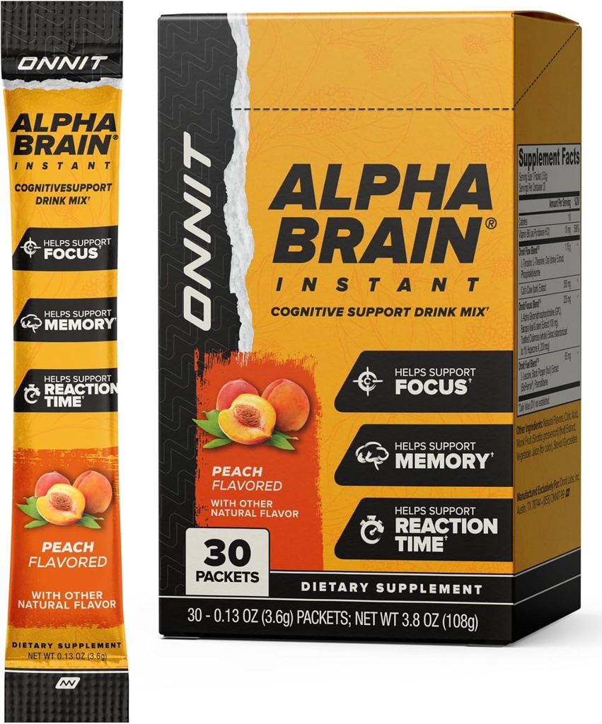 ONNIT Alpha smegenų Instant persikų skonio - Nootropinis smegenų Booster atminties priedas - dėmesio, energijos ir aiškumo - Alfa GPC Choline, Cats Claw, L- Theanine, Bacopa - 30ct