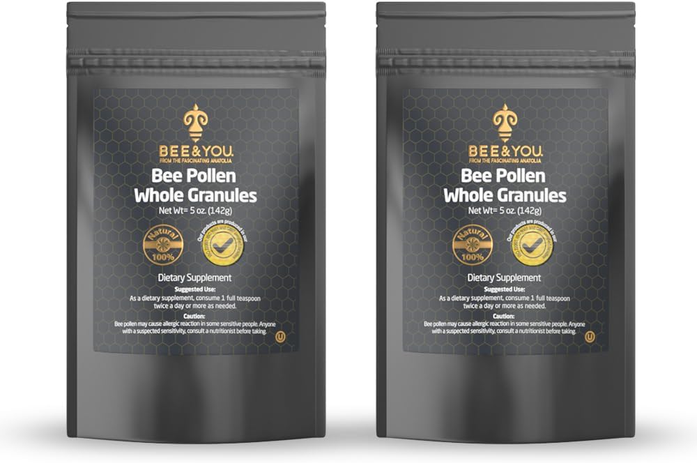 Bee and you - 100% Natural & Žaliavinė Bee Pollen Granules, Bee Pollen Addition, Natural Superfood, Amino rūgštys, Antioksidantai, fermentai, vitaminas B, Paleo, Keto, Gluten Free, Suaugusieji 124; 5 Oz Pack of 2