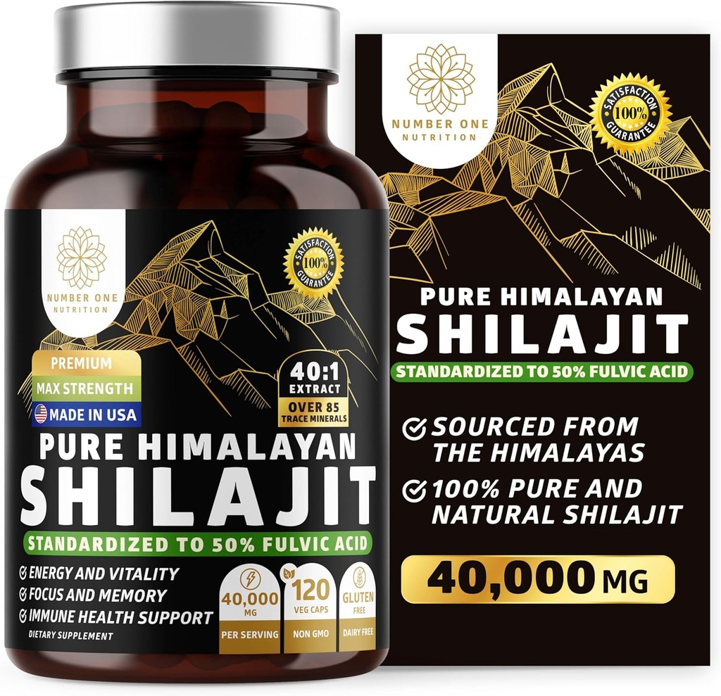 Pure Himalayan Shilajit Priedas vyrams ir moterims, [40,000MG, Max Stiprumas] Sudėtyje yra 50% Fulvic Acid su daugiau kaip 85 Trace Mineralai remti energijos, smegenų ir imuniteto, 120 Veg Caps