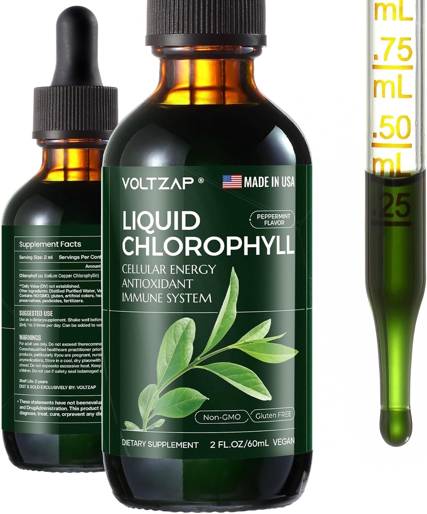 Chlorofilas skysti lašai - Premium Skysti Chlorofilas papildai imuninei paramai, energijos padidėjimas, Digestive Support, Gut & Skin Health - Natūralus & Ne GMO & Vegan Mint Flavored 2fl.oz