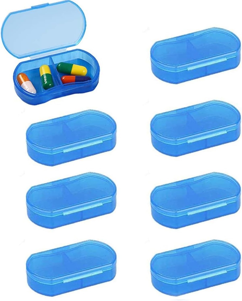 8PCS pill Case Organizatorius Pocket Small Pill Holder, Dienos AM & PM konteineriai, Medicinos laikiklis, Idealus vaistų, Vitaminas, Papildymas, Puikiai tinka Kelionės, Idealiai tinka Išvalyti (mėlyna)