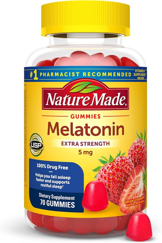 Nature Made Melatonin 5mg Adult Melatonin Gummies, 100% Drug Free Sleep Aid, 70 Gummies, Extra Strength