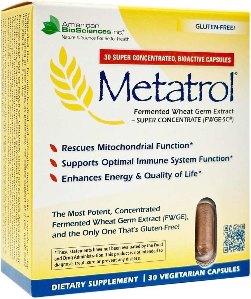 American BioSciences Meatrol Fermented Wheel Germ Extract - Immune & Mitochondria Support for Revised Vitality & Enhanced Energy - Gluten Free - 30 Vegetarian Capsules, 41mg