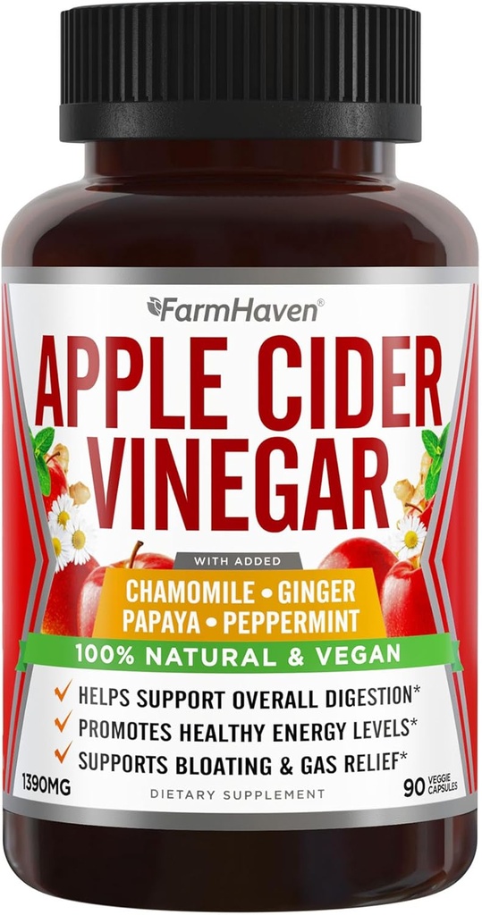 Apple Cider Vinegar Capsules With Ginger, Papaya & Chamomile | 1390mg | Improves Digestion, Energy, Immunity | Soothes Gas & Bloating Issues | Like With Mother | Non-GMO & 100% Natural | 90 Capsules