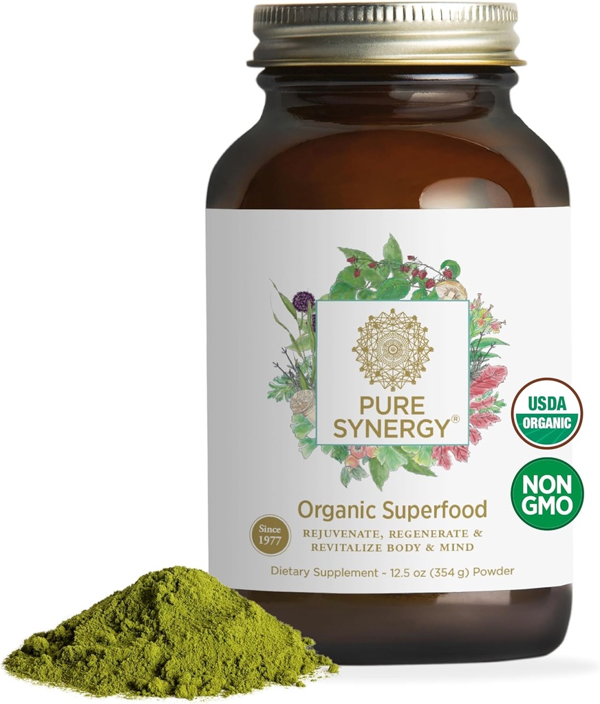 PURE SYNERGY Organic Superfood Powder | Green Superfood Powder | Whole Food Supplement with Organic Greens, Spirulina and Mushrooms | for Energy, Healthy Aging, and Immune Health (12.5 oz)
