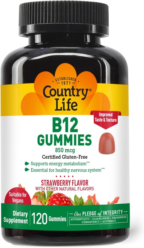 Country Life Vitaminas B12 Gummies - 850 mcg Cyanocobalamin, 120 Count - Vegan, Gluten- Free Gummy Priedas energijos apykaitos ir nervų sistemos parama - Natūralus braškių skonio, 2g Cukrus
