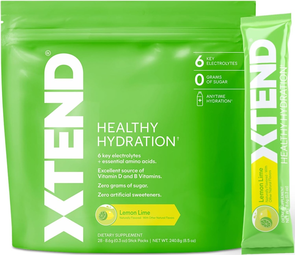Xtend XTEND Healthy Hydration | Superior Hydration Powder Packets | Electrolyte Drink Mix | 3 Essential Amino Acids | NSF Certified for Sport | 28 Sticks, Lemon Lime