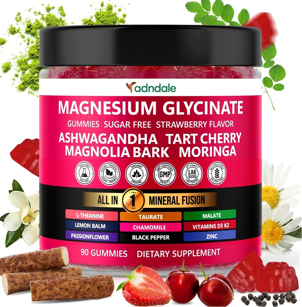 Adndale 90ct 15- in-1 Magnis Glycinate Gummies 400 mg / tarnyba- su magnio malatu, Ashwagandha, tart Cherry, Magnolia Bark, Lemon Balm, Passionflower, Chamomile, L- Theanine, Cinkas, Vitaminas K2 & D3