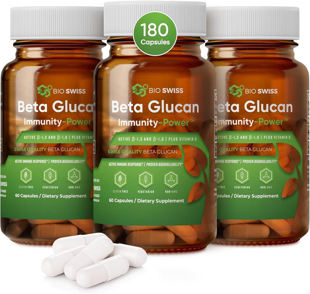 Bio Swiss Beta Glucan Immunity Power - 1,3D -1,6D Glucan su vitaminu D - Imuninė parama priedas sustiprintos gynybos ir sveikatingumo - Veganas, Gluten- Free (180 kapsulės)