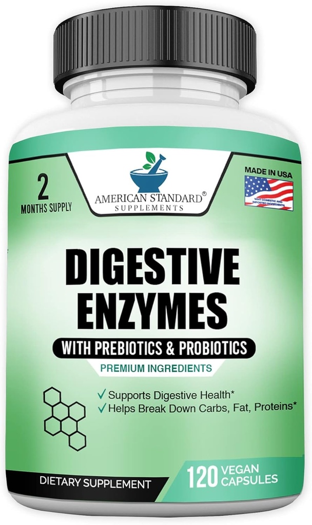 Digestic Enzymes Plus Probiotics & Prebiotics, 120 Veggie Capsules, Digestion with Amilase, Bromun, Papain, Lipase, Lactase, Proteazė, Papaine, Celiuliazė, Vegan & Gluten Free, 2 mėnesių tiekimas