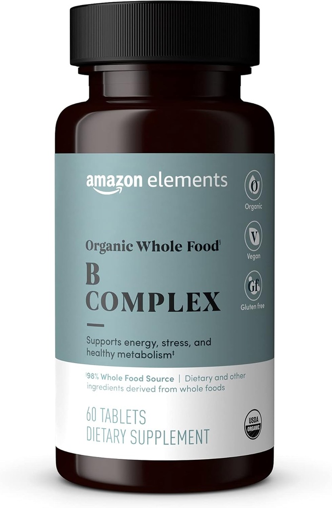 "Amazon" elementai Organic Whole Food B Complex, 98% Viso maisto šaltinis, Dieta ir kitos sudedamosios dalys, gautos iš visų maisto produktų, 60 tablečių