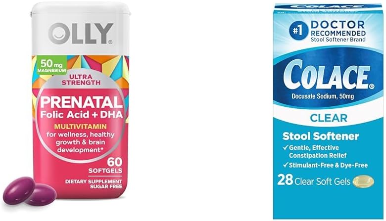 OLLY Ultra stiprumas Prenatal Multivitaminas Softgels su smegenų plėtros parama + Colace Clear Stool Softener kapsulės, 28 Skaičiavimas