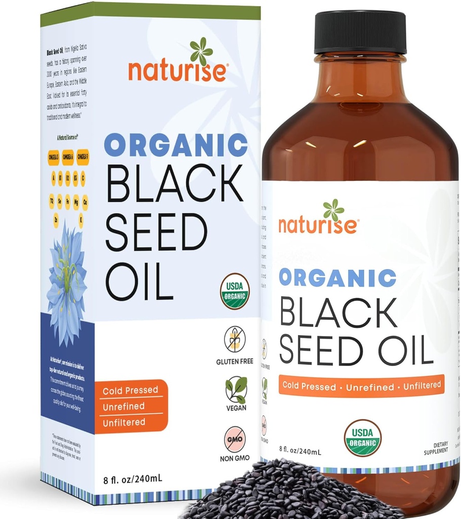 Organic Black Seed Oil (Nigella Sativa, Cumin Seed) Cold pressed Non-GMO, 8 oz Stiklinis butelis Eterinių riebalų rūgščių šaltinis, Omega 3 6 9 "