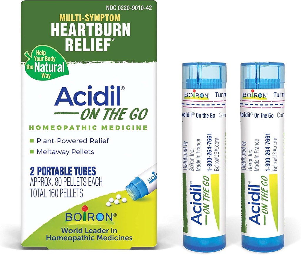 Boiron Acidil apie Go Travel Essential Acid Refliuksas, Heartburn, Nevirškinimas, Bloating, ir Upset Skrandis - 2 Skaičiavimas (160 Granulės)