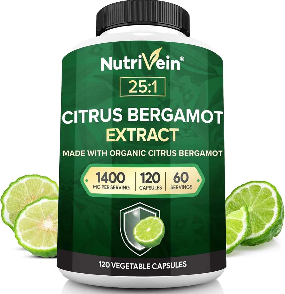 Nutrivein Premium Citrus Bergamot Supplement 1400mg 25:1 Bergamia Extract - 60 Day Supply (120 Capsules): Powerful Italian Citrus Bergamot 1400 mg+ High Concentration - Heart and Circulatory System