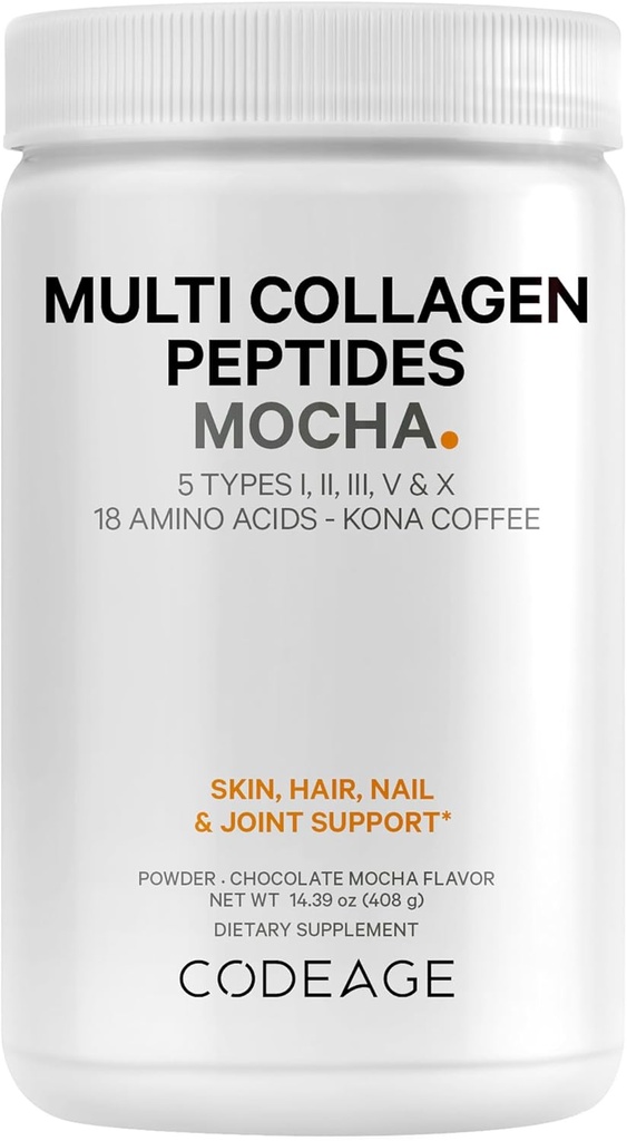 Codeage Multi Collagen Peptides proteinų milteliai - Šokoladas Mocha Instant Coffee - Gourmet Knoa Coffee Drink & purtyti - Collagen Type I, II, III, V & X - Gras- Fed, hydrolyced, Non- GMO - 14.39oz