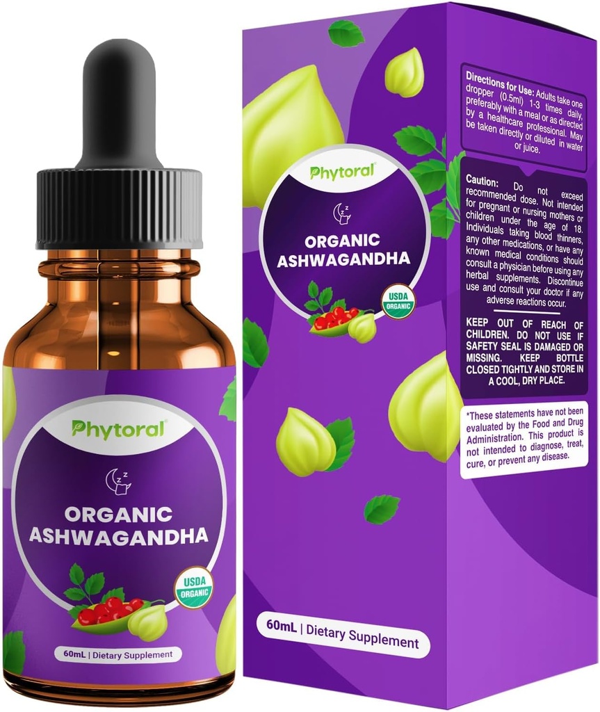 Phytoral Organic Ashwagandha Liquid Drops for Agricultural - Potent Liquid Ashwagandha Root Extract for Energy and Mood Support - Tincture Vegan Non- GMO Gluten & Alkoholio - Free (120 Servings)