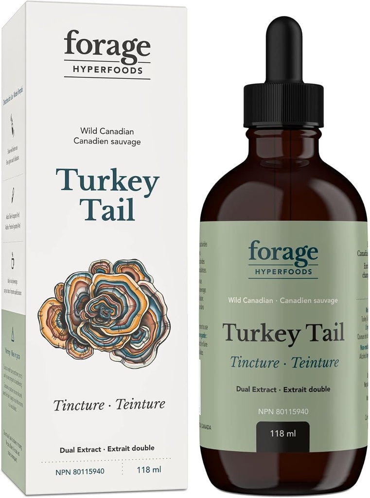 Forage Hyperfoods- Original Canadian Wild Turkey Tail Mushroom Superfood Liquid Supplement Extract Tincture, Vegan, Non-GMO, Immune System and Gut Health Support, 118ML