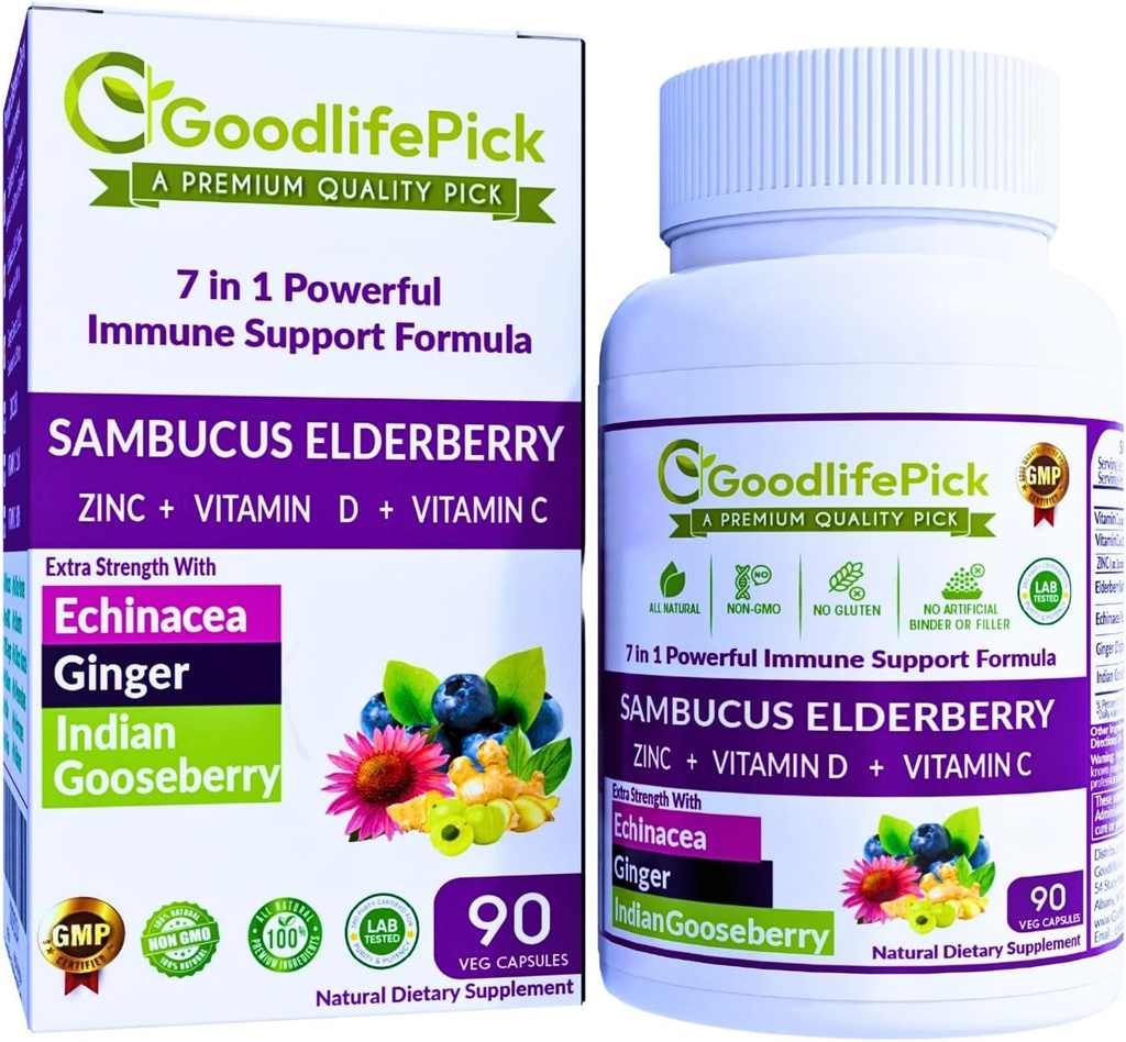7 in 1 Šeivamedžio uogų su ZINC, Vitaminas C, Vitaminas D, Echinacea, imbieras ir Indijos gooseberry (Amla). Premium Elderberry Capsules 90 ct, All Natural, Non- GMO, Vegan, No Rice Mill, No- Gluten
