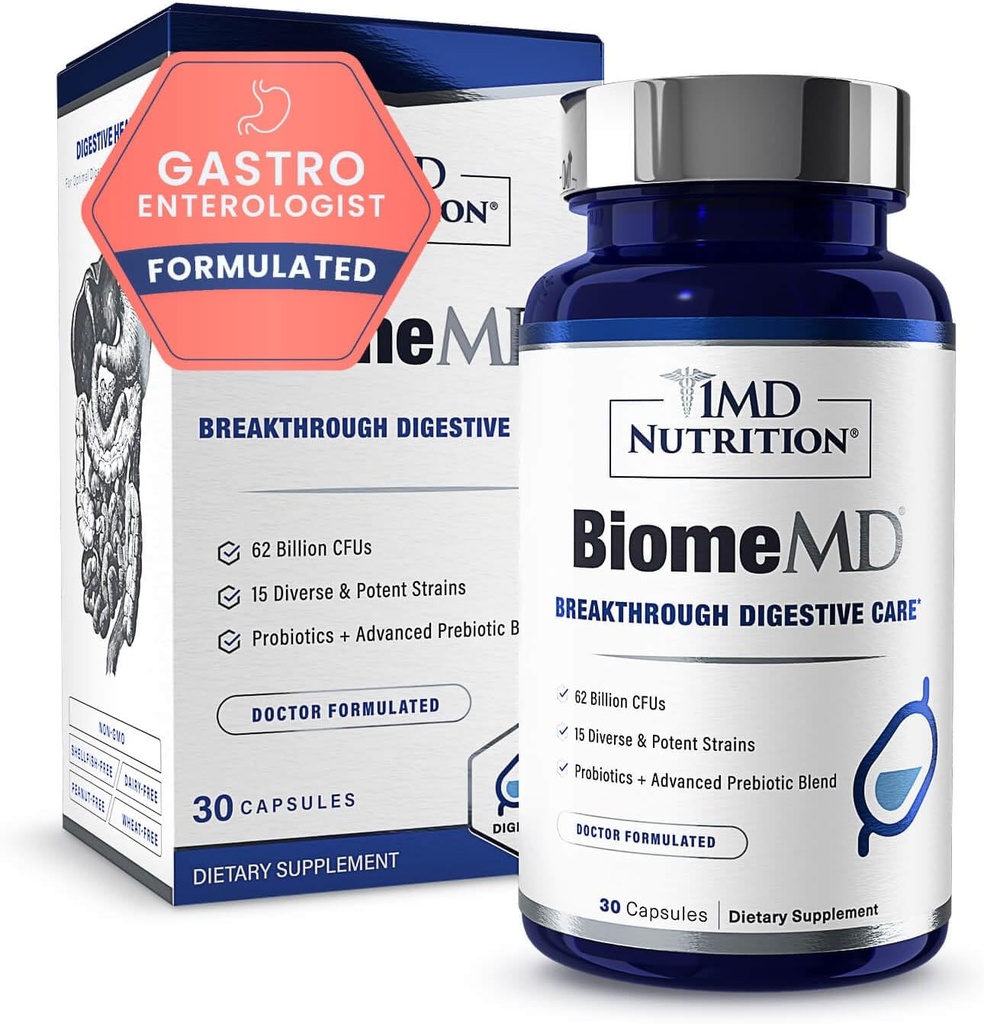 1MD Nutrition BiomeMD Probiotics ® 124; 62 Milijonai CFU, 15 Visapusiški traukiniai - Pro & Prebiotics ® 124; Doctor- Formulated for Digistive Health & Immune Support ® 124; 30 Capsules