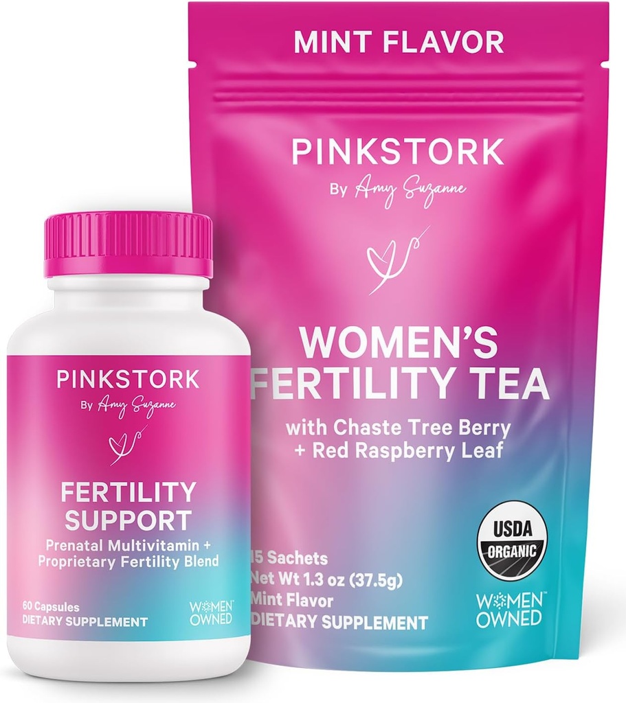 Pink Stork Fertility Bundle for Women – Conception Tea + Prenatal Vitamin Support with Inositol, Vitex, Folate & Ashwagandha – Supports Hormone Balance, Cycle Health & Preconception Wellness