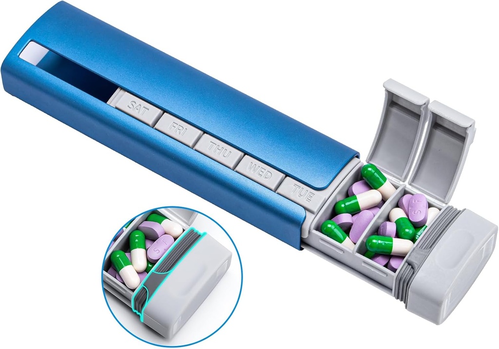 Daviky Metal Travel Pil Organizatorius, Premium Aluminum Pil Box 7 dieną, Savaitės Kasdien Pil Case, Stylish & Cute Pil turėtojas vaistų, papildai ir vitaminai (mėlyna + Pilka)