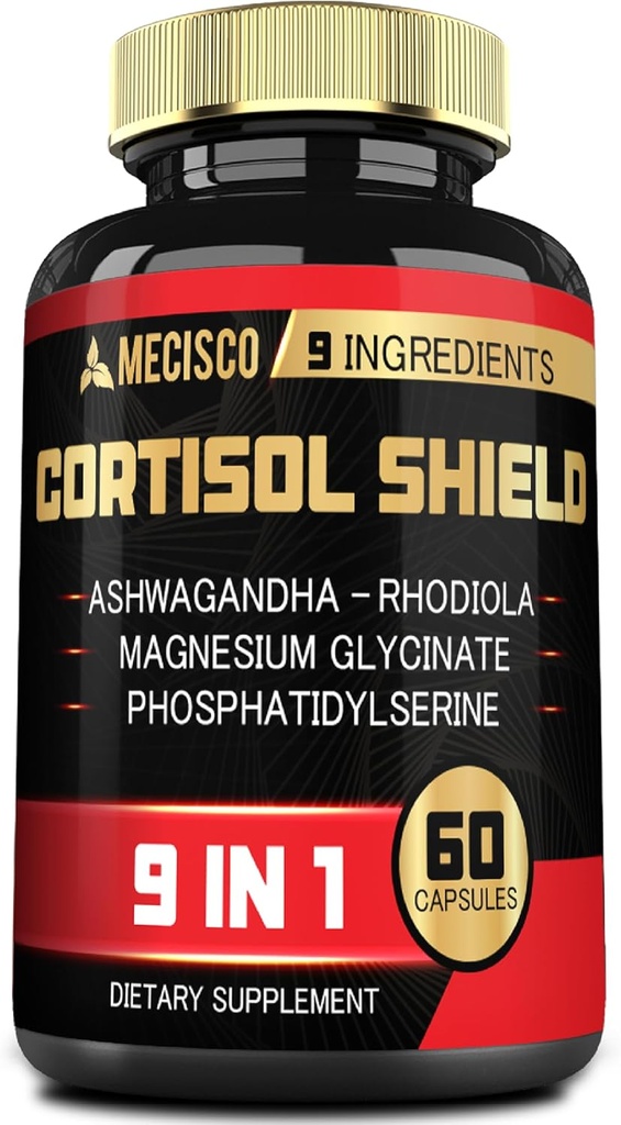 9in1 Cortisol Shield - Ashwagandha & Magnis Glycinate, Rhodiola, Fosfatidilserinas, L- Theanine, Licorice Root, St. John 's Wort, Lions Mane - Mind & Mood, Restaural Night Support - 60 kapsulių