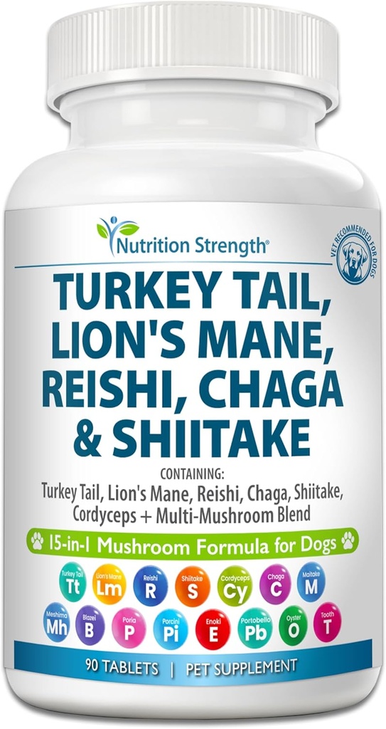 15- in-1 Grybai šunims Turkija Uodega 600mg Lion 's Mane 600mg Reishi 600mg Shiitake 500mg Cordyceps 300mg Chaga 300mg Maitake 200mg Meshima Blazei Poria Enoki Portobello 90 tablečių
