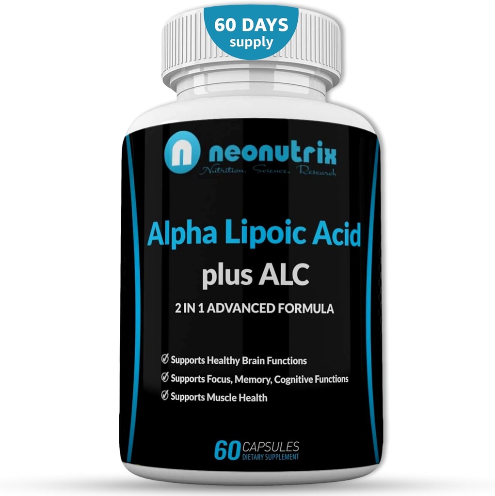 Alfa Lipoic Acid Plus Acetil L- karnitino antioksidanto papildas ALA ALC sveikai smegenų funkcijai ir raumenų jėgai, fokusui, atminčiai ir kognityvinei funkcijai moterims ir vyrams - 60 Neonutrix kapsulių