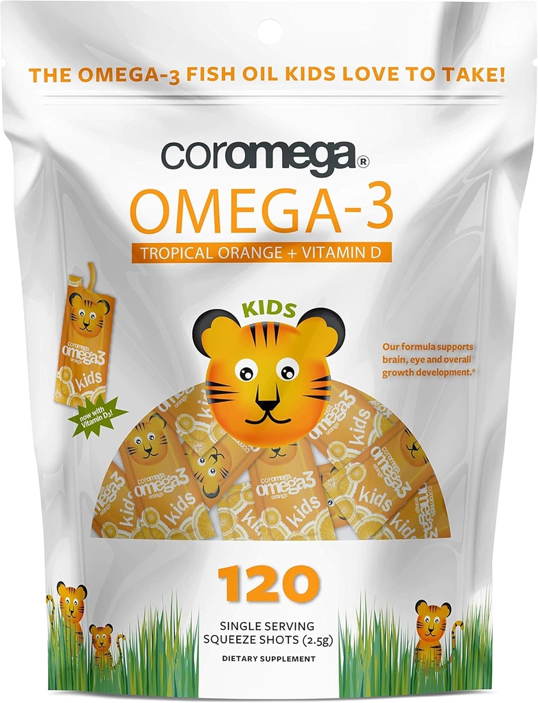 Coromega Kids Omega 3 Žuvų taukų papildas, 650mg Omega- 3s, Tropical Orange + Vitaminas D, 120 Vieno Serve Squeeze Paketai