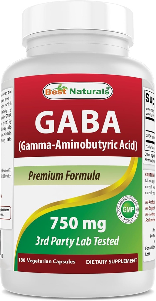 Best Naturals GABA Priedas 750mg 180 Veggie Capsules, Naturals Miego Pagalba
