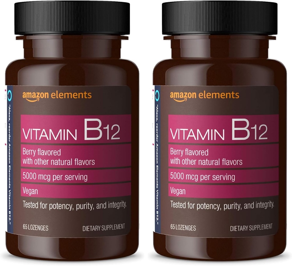 "Amazon" elementai Vitaminas B12 Metilkobalaminas 5000 mikrogramų - Normalus energijos gamyba ir metabolizmas, Imuninė sistema parama - 2 mėnesių tiekimo, Berry Flavored Lozenges, 65 Skaičiavimas (Pack of 2)