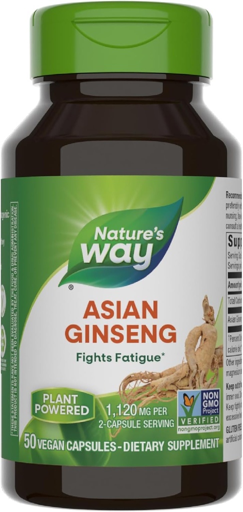 Nature's Way Asian Ginseng, Fights Fatigue*, 1,120mg Per 2-capsule Serving, Non-GMO Project Verified, Vegan, 50 Capsules (Packaging May Vary)