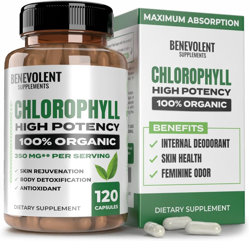 Benevolent Chlorofill Capsules 350mg - 100% Natural + Ultra Chlorofill 20x Power Concentration for Energy Boost, Immune Support, Vidinis deodorant, Skin Health, Non- GMO, 120 Capsules