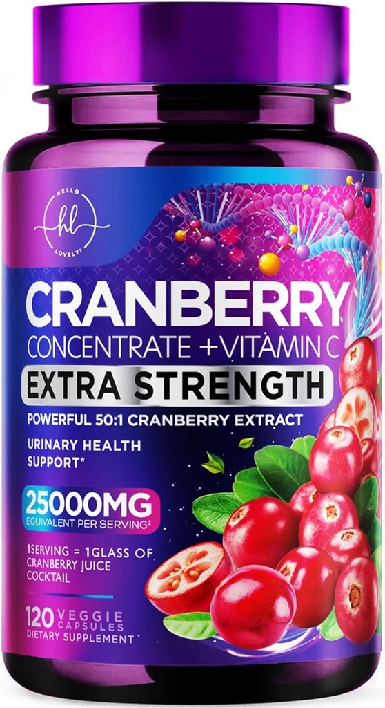 Cranberry Addition 25,000mg Formulės + Vitaminas C - Šlapimo Tract Health Support for Women & Men, 50: 1 Visas vaisių spanguolių ekstraktas piliulės moterims, Sugar- Free, Non-GMO, Gluten- Free - 120 Capsules