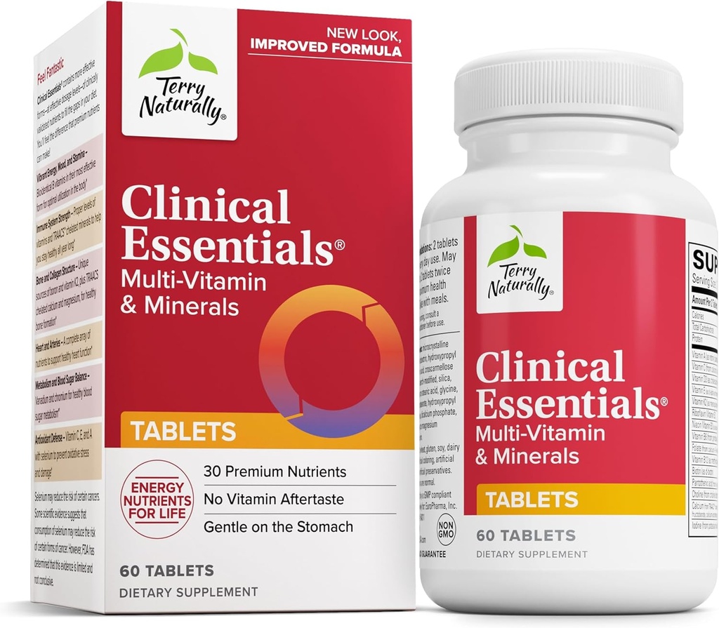 Terry Naturally Clinical Essentials - Supplement to Aid Bone, Cardiovascular & Immune Health - Supplement with Chelated Minerals - Supplement with B-Vitamins & Vitamin C - 60 Tablets