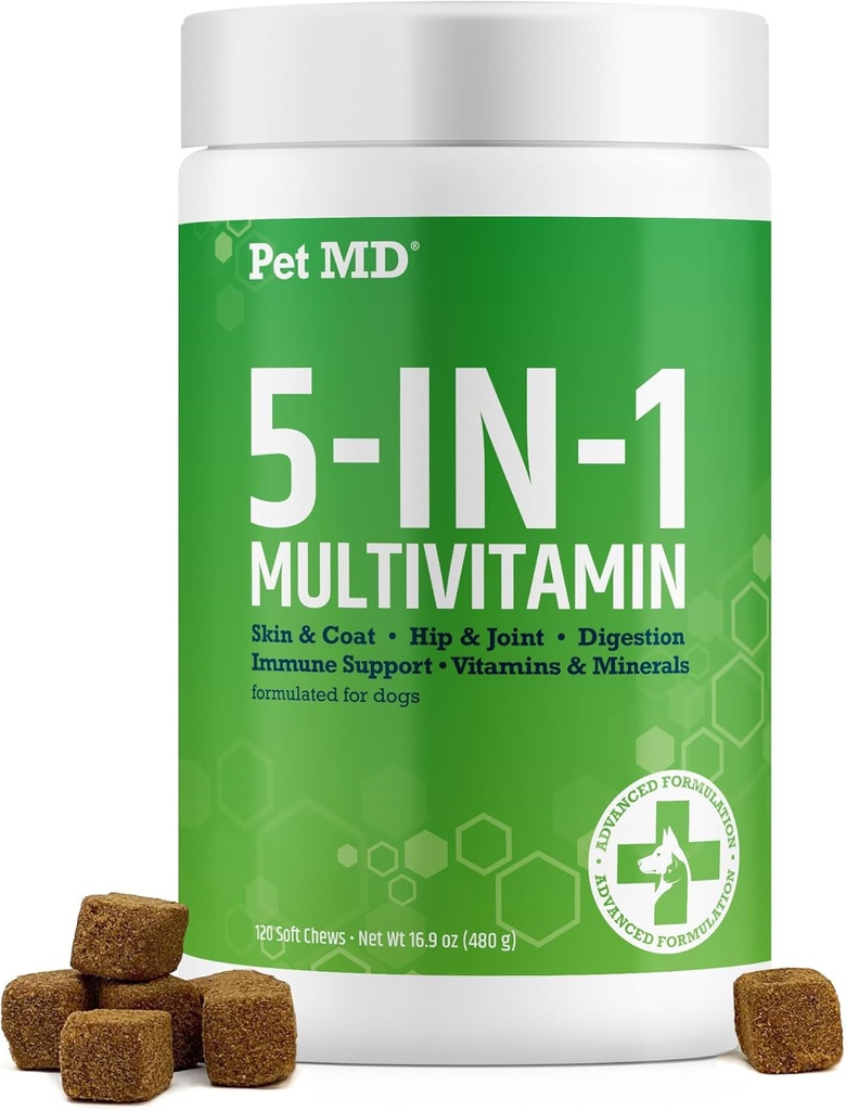 Pet MD 5in1 Šuo Multivitaminų - 30 Eteriniai vitaminai, mineralai ir mitybos odos & Coat, Hip & Jungtiniai, Digestion, Imuninis & Vyresnysis šuo vitaminai - gliukozaminas, Omega 3 6 9, & Probiotikai - 120 ct