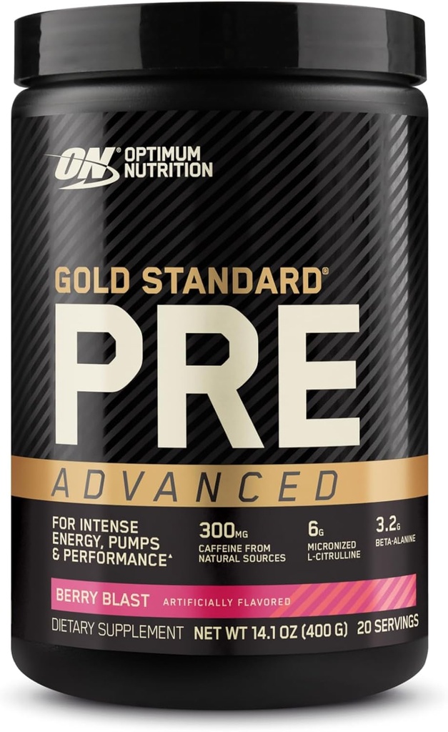 Optimum Nutrition Gold Standard Pre Workout Advanced, su kreatine, Beta- Alanine, Micronized L- Citrulline ir kofeinas už energiją, Keto Friendly, Berry Blast, 20 Servings