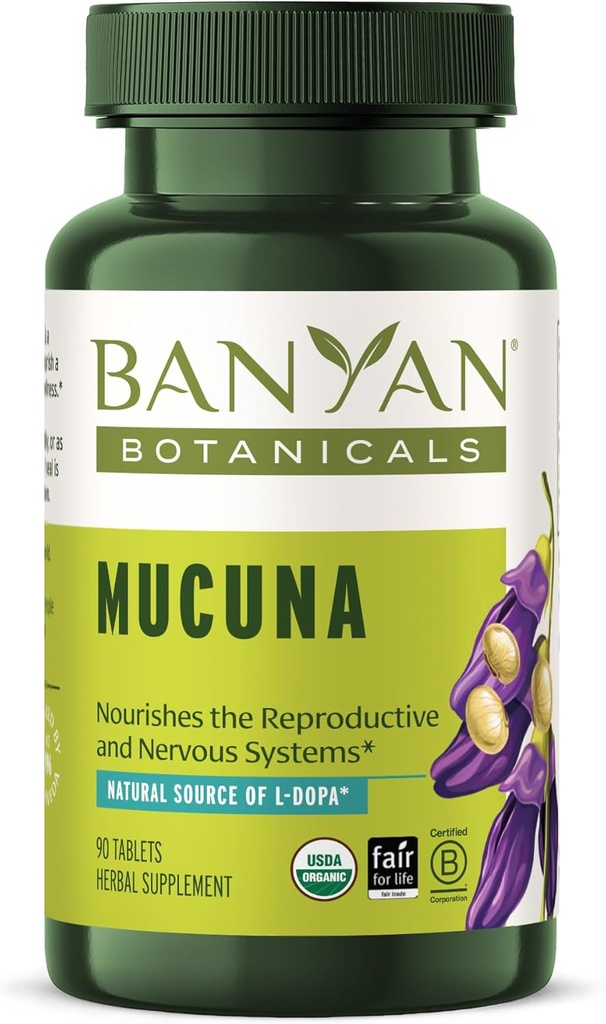 Banyan Botanicals Mucuna Pruriens - Organinė augalinė tabletė - Energetika, Palaiko sveiką nervų ir lytinės sistemos * - Natūralus šaltinis L- Dopa - 90 tablečių - Non- GMO patikimai Sourced Vegan