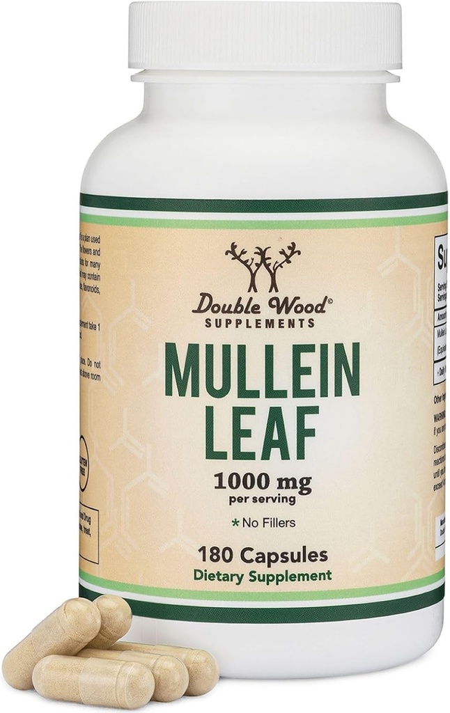 Dvigubos medienos papildai Mullein Leaf Capsules 10 000 mg Stiprumas, 180 Vegan kapsulės be filtrų, Palaiko plaučių ir kvėpavimo takų sveikatą